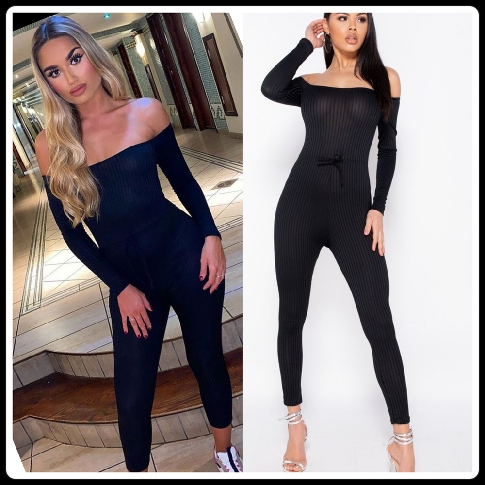 Rib Knit Long Sleeve Bardot Jumpsuit Black